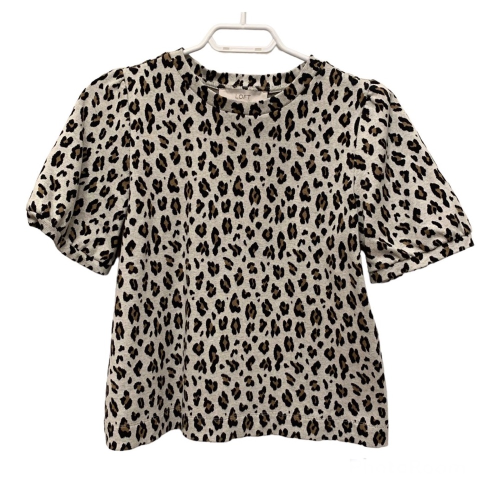 Loft Leopard Animal Print Short Sleeve Crew Neck Shirt, Cream Brown Size Small